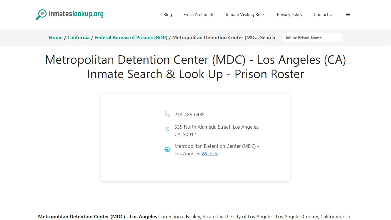 Metropolitan Detention Center (MDC) - Los Angeles (CA) Inmate Search ...